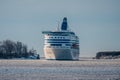 Passenger car ferry MV Silja Serenade, operated by Silja Line, passing the strait of Kustaanmiekka on clear winter morning