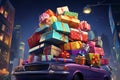 Many boxes in bright packaging and ribbons. Passenger car full of holiday gifts. Concept: surprise, shopping on wheels. AI