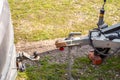 A passenger car next to a trailer hitch. Towing hitch Royalty Free Stock Photo