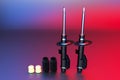 Passenger car Shock Absorber, new auto parts, spare parts. 3D rendering.