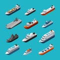 Passenger and cargo ships, sailing boats, yachts and vessels isometric vector transportation icons isolated Royalty Free Stock Photo