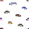 Passenger cars, seamless pattern. Endless background, different auto models. Automobiles, transport repeating print