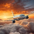 Passenger commercial plane flying above the clouds in the sunset light. Fast travel, vacation and business concept