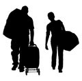 Passenger couple with luggage walking at airport vector silhouette. Traveler with many bags go home. Man and woman carry baggage.