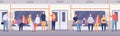 Passenger crowd inside subway train or city bus. Cartoon people standing and sitting in public transport. Travel by metro car Royalty Free Stock Photo