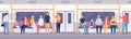 Passenger crowd inside subway train or city bus. Cartoon people standing and sitting in public transport. Travel by Royalty Free Stock Photo