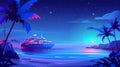 The passenger cruise ship in the ocean at night. Modern cartoon illustration of summer tropical landscapes with sand Royalty Free Stock Photo