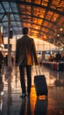 In the passenger departure terminal, a businessman walks with his suitcase, seen from behind