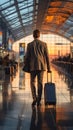 In the passenger departure terminal, a businessman walks with his suitcase, seen from behind