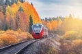 Passenger diesel local train moves at autumn sunset time. Karelia Royalty Free Stock Photo