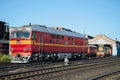 Passenger diesel locomotive TEP-70 at the building of the locomotive depot station Rybinsk