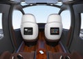Passenger Drone interior. Monitor mounted on seats backrest. Headsets on each seats and smartphone on small table