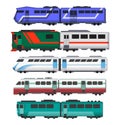 Passenger express trains. Railway carriages. Cartoon set of subway or high speed trains. Vector icons for web design or Royalty Free Stock Photo