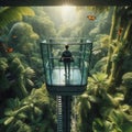 Passenger in a glass elevator through a jungle canopy
