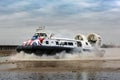 A Passenger hovercraft arrives at Ryde Harbour in The Isle of Wight, from Plymouth Uk