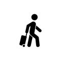 Passenger icon. Traveling bag icon. Pull bag for rolling. Man carrying suitcase sign. Tourist transportation. Cargo delivery.