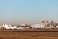 Passenger international ukrainian Kiev Sikorsky airport building terminal and taxiway parking apron with many different