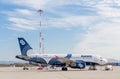 Passenger jet aircraft Airbus A319 of Aurora Airlines on airfield. Aviation and transportation