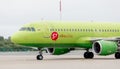 Passenger jet aircraft Airbus A320 of S7 Airlines on airfield. Aviation and transportation