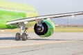 Passenger jet aircraft Airbus A320 of S7 Airlines on runway and ready to take off. Journey and holidays concept. Royalty Free Stock Photo