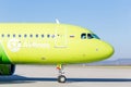 Passenger jet aircraft Airbus A320 of S7 Airlines on runway and ready to take off. Journey and holidays concept. Royalty Free Stock Photo