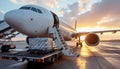 Passenger Jet Airplane Loading Cargo at Sunset on Airport Tarmac Royalty Free Stock Photo