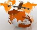 Passenger jet airplane travels around the world