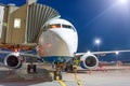 Passenger jet liner parked during the service before the flight, night view airport Royalty Free Stock Photo