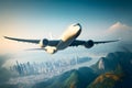 Passenger jet plane took off from a large metropolis flies over the mountains. Generative AI technology