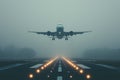 passenger jet taking off from a runway in the fog. The runway lights are barely visible, and there are trees in the