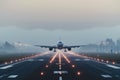 passenger jet taking off from a runway in the fog. The runway lights are barely visible, and there are trees in the