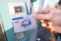 passenger, male hands hold electronic ticket, travel eTicket passes for public transport, Stadtbahn train, typical German Public