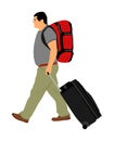 Passenger man with backpack walking to airport vector illustration. Traveler boy with luggage go home carry baggage. Tourist