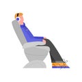 Airplane passenger in chair using headphones, flat vector illustration isolated.