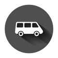 Passenger minivan sign icon in flat style. Car bus vector illustration on black round background with long shadow. Delivery truck