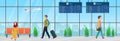 Passenger people with luggage waiting for airplane flight in airport departure room