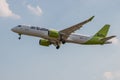 Passenger plane Airbus A220 Air Baltic airline landing at London Heathrow Airport