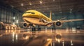 a Passenger plane aircraft on maintenance of engine and fuselage repair in airport hangar