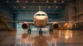 a Passenger plane aircraft on maintenance of engine and fuselage repair in airport hangar