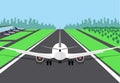 Passenger plane at the beginning of the runway, preparing for take off. Vector illustration of an airplane, rear view, on a airstr