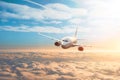 Passenger plane, business trip, travel concept. Flying evening sunset Royalty Free Stock Photo