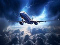 Passenger plane flies in bad weather through thunderclouds and lightning. The danger of flying in inclement weather