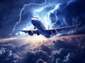 Passenger plane flies in bad weather through thunderclouds and lightning. The danger of flying in inclement weather