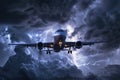 passenger plane flies through a dark gloomy stormy sky with lightning Royalty Free Stock Photo