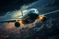 A passenger plane flies over the city in the evening in rain clouds