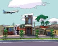 Passenger plane flies over the city, schedule, sketch, east, full color