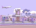 Passenger plane flies over the city, schedule, sketch, east, full night color