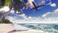 A passenger plane flies over an exotic tropical island in the blue ocean. 3D Rendering. Royalty Free Stock Photo