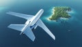 Passenger plane flies over paradise tropical island Royalty Free Stock Photo