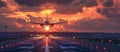 Passenger plane fly up over take-off runway from airport at sunset. Created by Ai